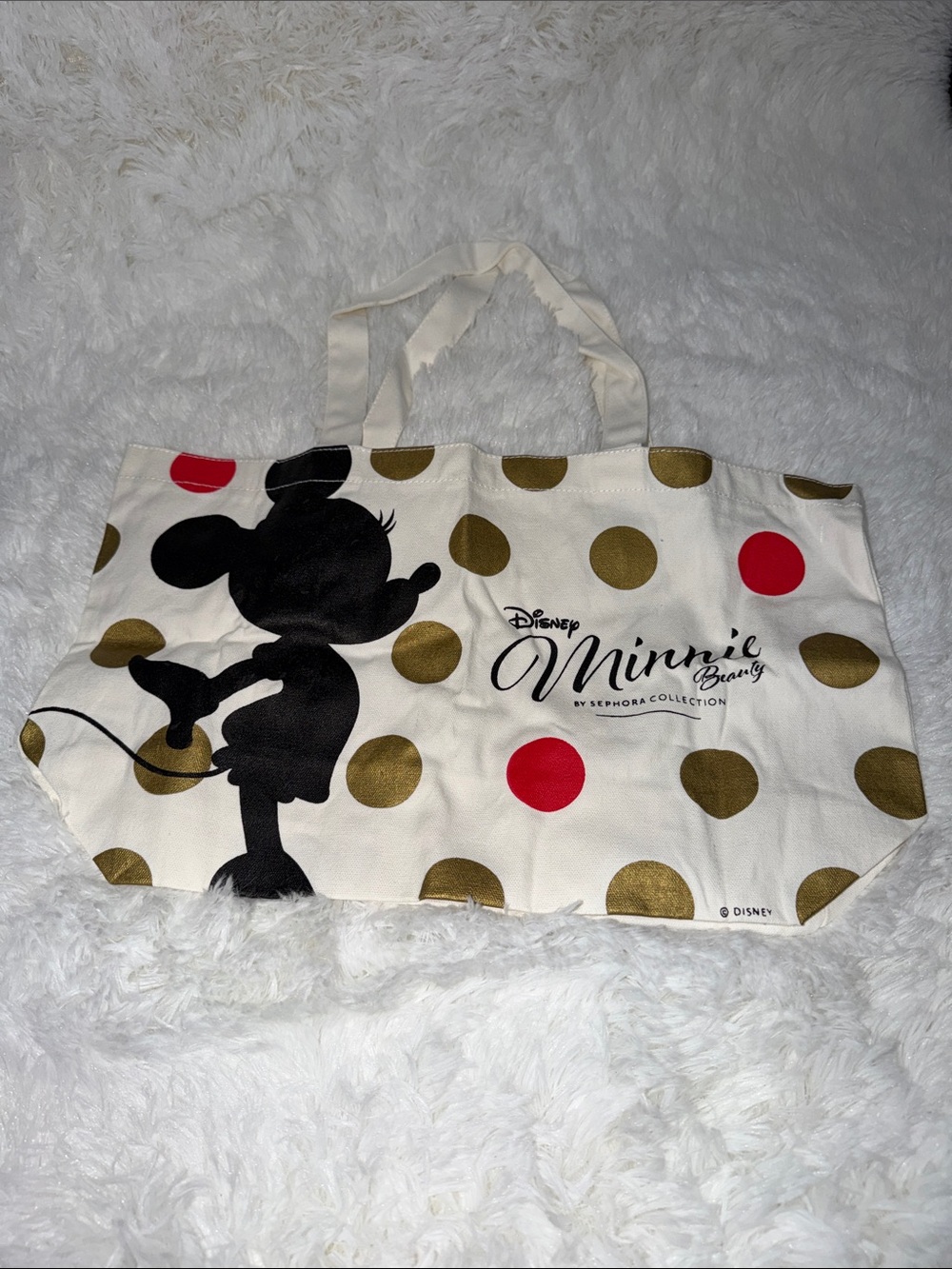 Disney x Sephora Collection Minnie Canvas Tote Bag in Cream with Gold & Red Dots